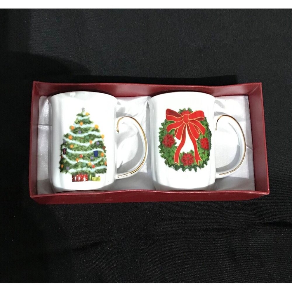 Royal Elfreda Set Of 2 Fine Porcelain Christmas Mugs Cups Xmas Tree & Wreath